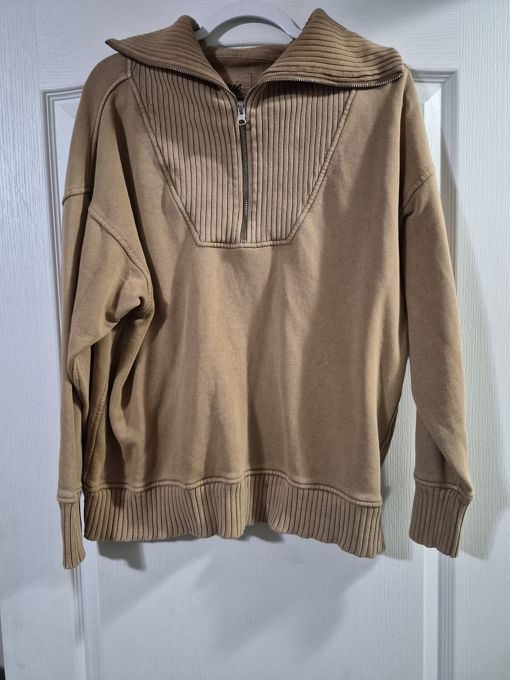 aerie Zip-Neck Pullover in Tan
